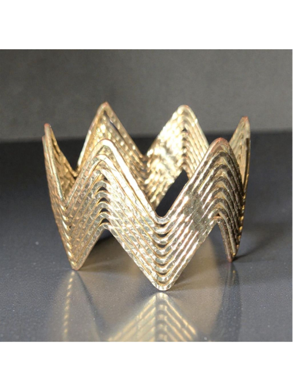 Vintage Style Gold Tone Zig Zag Hammered Wide Cuff Bracelet Sculptural Statement